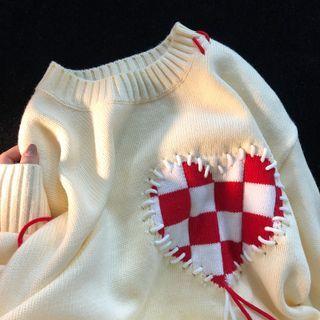 Heart Patch Contrast Stitch Sweater