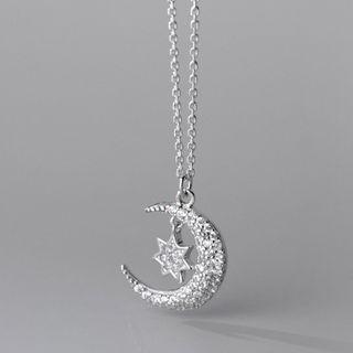 Moon & Star Rhinestone Pendant Sterling Silver Necklace Silver - One Size