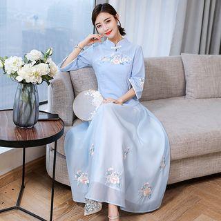 Set: Floral Embroidered Elbow-sleeve Cheongsam Top + Midi Chiffon Skirt