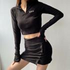 Set: Long-sleeve Half-zip Crop Top + Mini Skirt