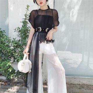 Set: Plain Short Sleeve Asymmetric Hem Chiffon Top + Wide Leg Pants