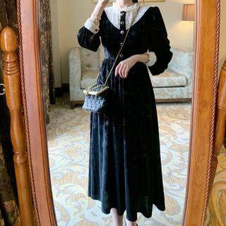 Long-sleeve Lace Trim Velvet Henley Midi Dress