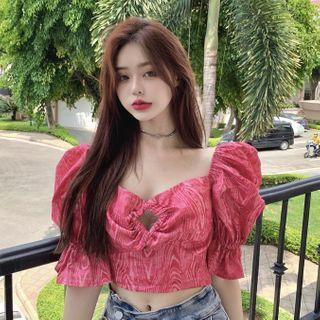 V-neck Puff-sleeve Cropped Top Rose Pink - One Size