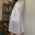 Spaghetti Strap Tie-dye Midi A-line Dress White & Khaki - One Size