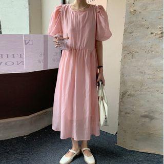 Lantern Sleeve Plain Ruched Midi A-line Dress