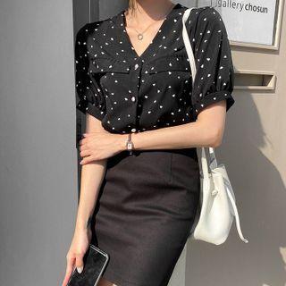 V-neck Heart-patterned Blouse