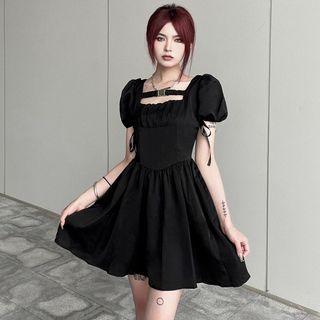 Puff-sleeve Shirred Cutout A-line Dress