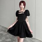 Puff-sleeve Shirred Cutout A-line Dress
