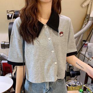 Elbow-sleeve Embroidered Contrast Collar Shirt