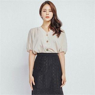 Puff-sleeve Button-trim Blouse
