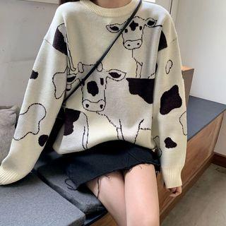 Cow Printed Knit Top As Shown In Figure - One Size