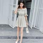 Elbow-sleeve Off-shoulder Belted A-line Dress