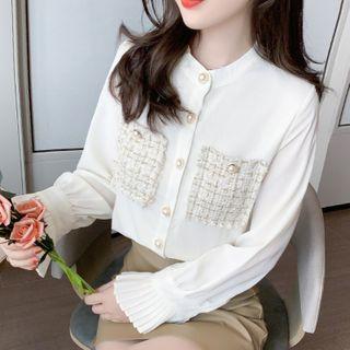 Tweed Panel Flared-cuff Blouse