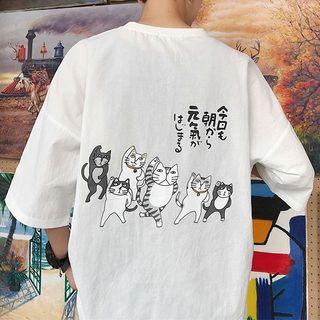 Cats Print Elbow-sleeve T-shirt