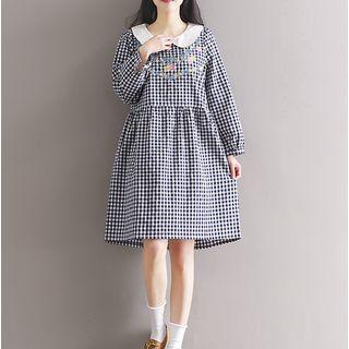Long-sleeve Embroidered Check A-line Dress