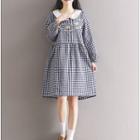 Long-sleeve Embroidered Check A-line Dress