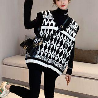 Set : V-neck Knit Vest + Top Black - One Size