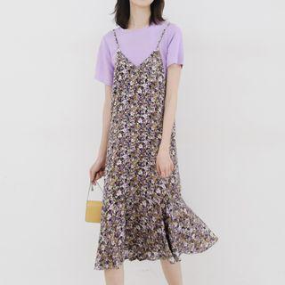 Set: Plain Short-sleeve T-shirt + Strappy Midi A-line Dress