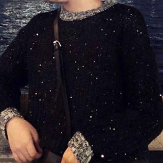 Color-block Crewneck Long-sleeve Sweater Black - One Size