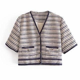 Short-sleeve V-neck Striped Cropped Jacket