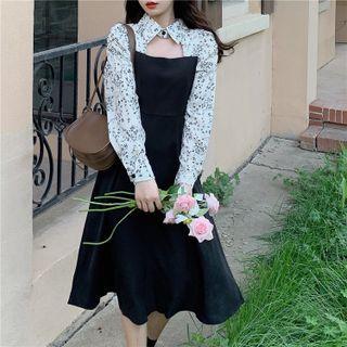 Mock Two-piece Puff-sleeve Floral Print Panel Midi Dress