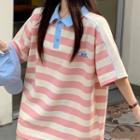 Short-sleeve Striped Polo Shirt Stripe - Beige & Pink - One Size