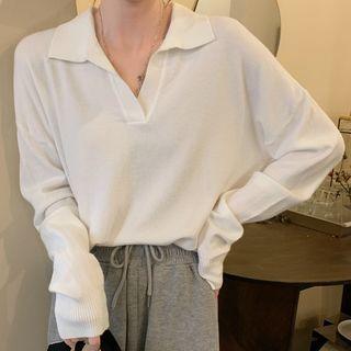 Plain Knitted Polo Collar Sweater