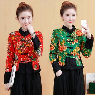 Floral Print Frog Button Long-sleeve Top