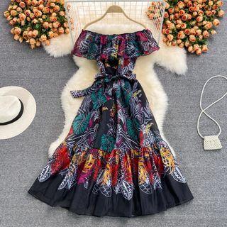 Short-sleeve Off-shoulder Print Midi A-line Dress