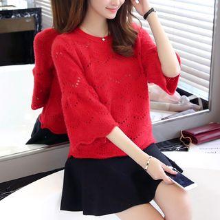 Perforated Elbow-sleeve Knit Top
