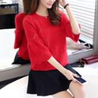 Perforated Elbow-sleeve Knit Top
