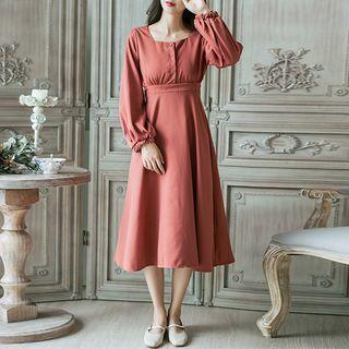 Square-neck Long-sleeve Gathered-waist Sheath Midi Dress