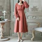 Square-neck Long-sleeve Gathered-waist Sheath Midi Dress