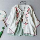3/4-sleeve Embroidered Linen Frog-button Jacket