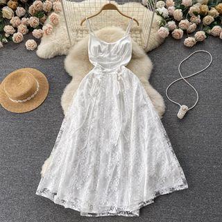 Suspender Lace-up Panel Embroidered Lace Dress