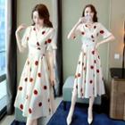 Short-sleeve Dotted V-neck Dress