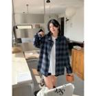 Long-sleeve Plaid Loose-fit Shirt Blue - One Size