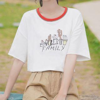 Cactus Embroidered Elbow-sleeve T-shirt