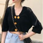 Elbow-sleeve Button-up Crop Top