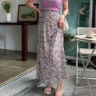 Pleated Floral Maxi Flare Skirt