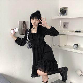 Puff-sleeve Lace Panel Shirred Dress Black - One Size