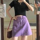 Set : Short Sleeve Knit Plain Top + Denim Plain Skirt