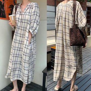 Balloon-sleeve Plaid Maxi A-line Dress White - One Size