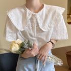 Short-sleeve Eyelet Doll-collar Blouse White - One Size