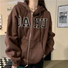 Letter Embroidered Hooded Zip Jacket Coffee - One Size