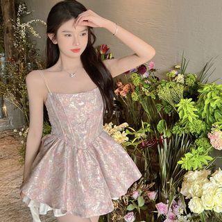 Spaghetti Strap Printed Smocked A-line Dress