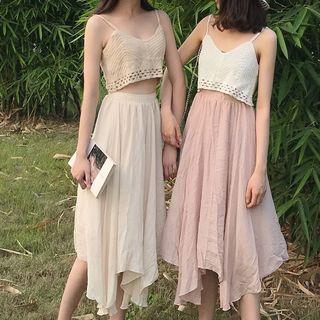 Cropped Crochet Knit Camisole / Midi A-line Skirt