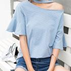 Striped Cut-out Flared-sleeve T-shirt