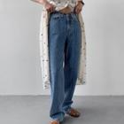 Pintuck Distressed Wide-leg Jeans