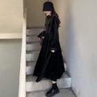 Bell-sleeve Velvet Midi A-line Dress Black - One Size
